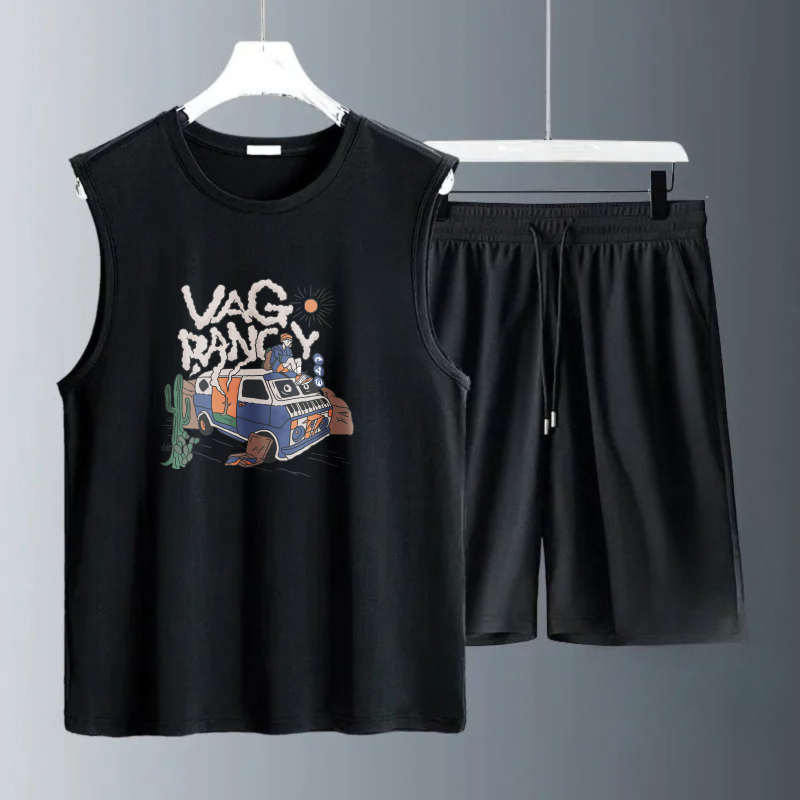 Summer Clothing Beach - メンズタンクトップセット 2026年夏 速乾性 海辺ビーチランニング スポーツウェアセット スウェットシャツセット