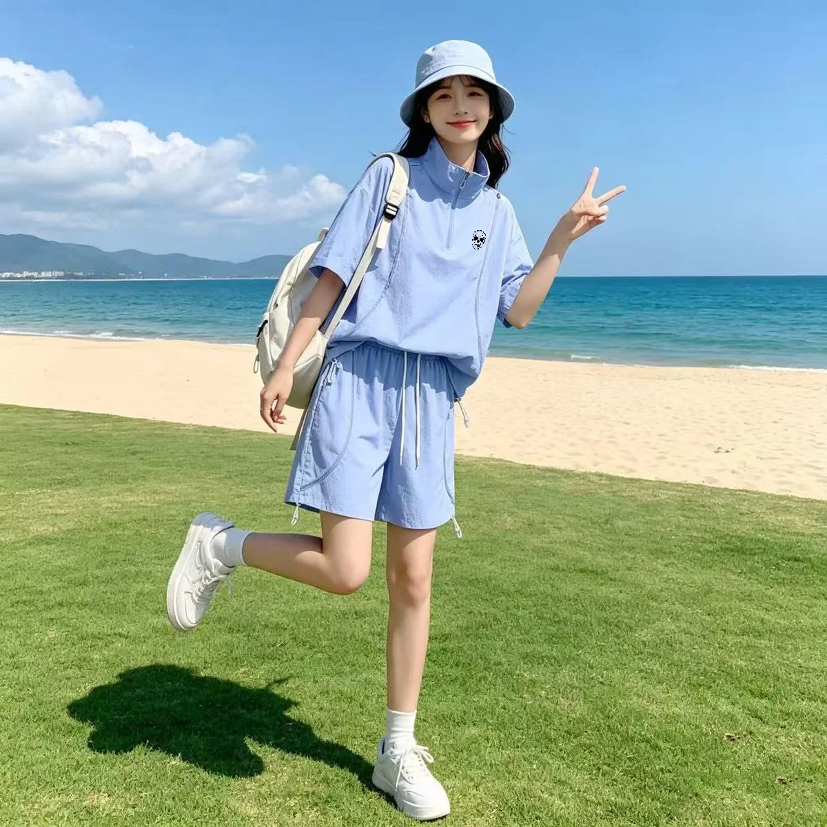 Summer Golf Clothing - 夏用男女兼用日焼け止めゴルフウェア カップル向けトップス＆ショーツセット アイスシルク クールカジュアル ルーズ スタンドカラー