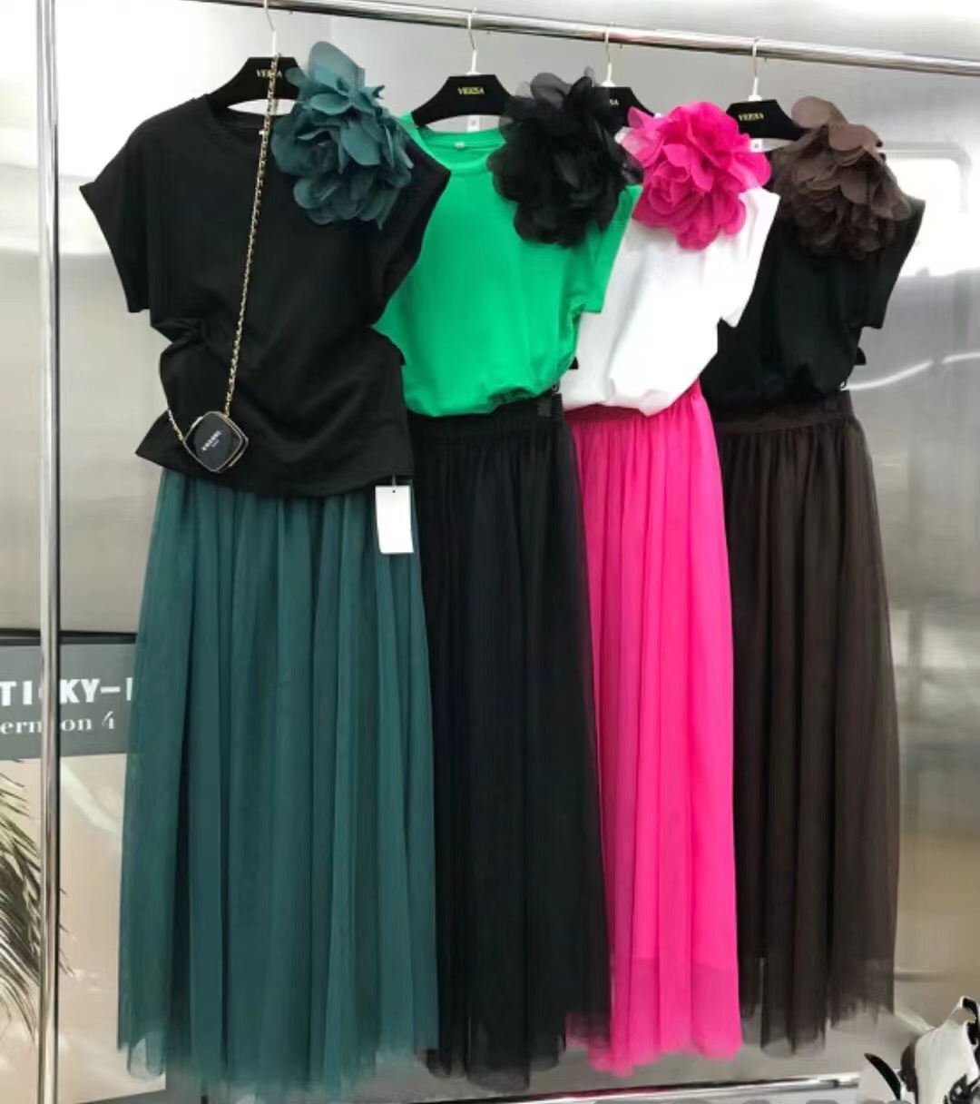 Summer Clothing Women Sale - 2025年夏 ツーピースドレスセット レディース 花柄ステッチ 半袖コットン トップス