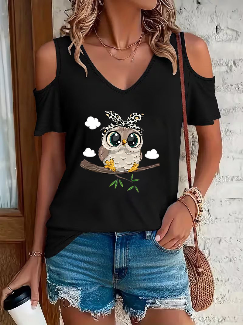 Summer Clothing Drop - トレンディなカートゥーンフクロウプリントオフショルダーVネックTシャツ半袖グラフィックVネックTシャツカジュアルサマーレディースウェアシャツ