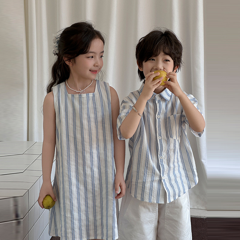 Summer Dresses Yours Clothing - 韓国の男の子と女の子の親子服夏のストライプのベストドレス兄弟と姉妹のシャツトレンド