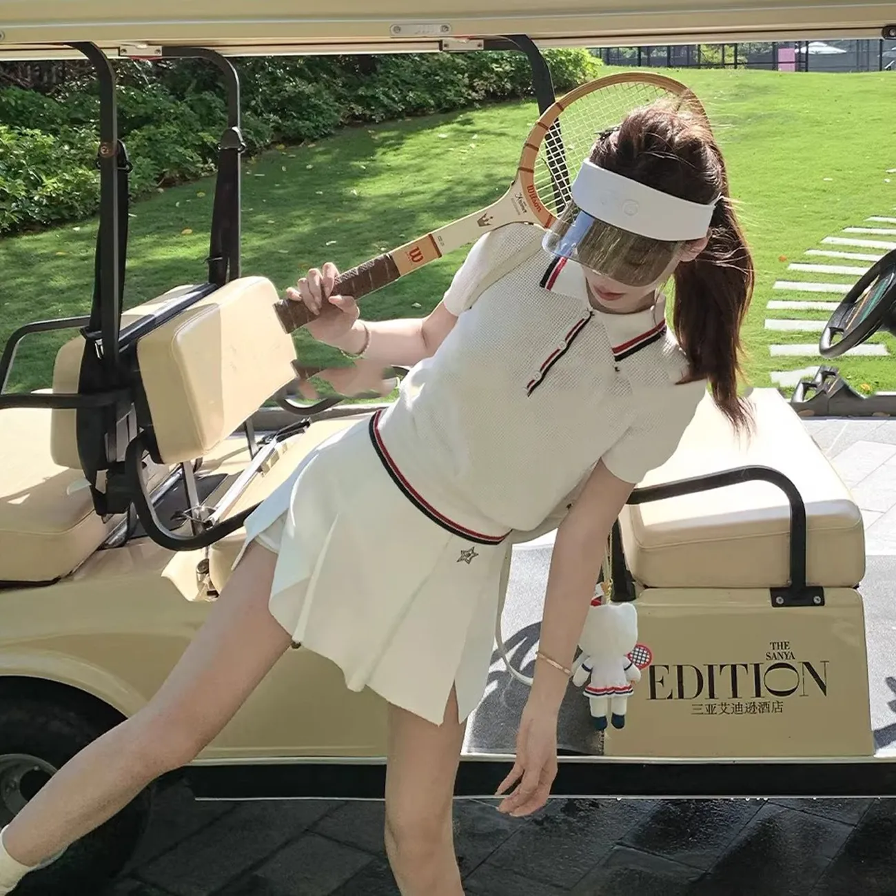 Summer Golf Clothing - 夏の女性用テニスシリーズワッフルニットウェアゴルフポロスカートスーツ半袖トップスハイウエストスカートツーピースゴルフウェア