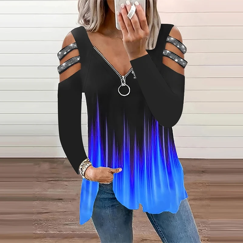 Summer Clothing Drop - 女性用VネックTシャツ,婦人服,裸の肩,ジッパー,グラデーションカラー,長袖,カジュアル,ルーズフィット