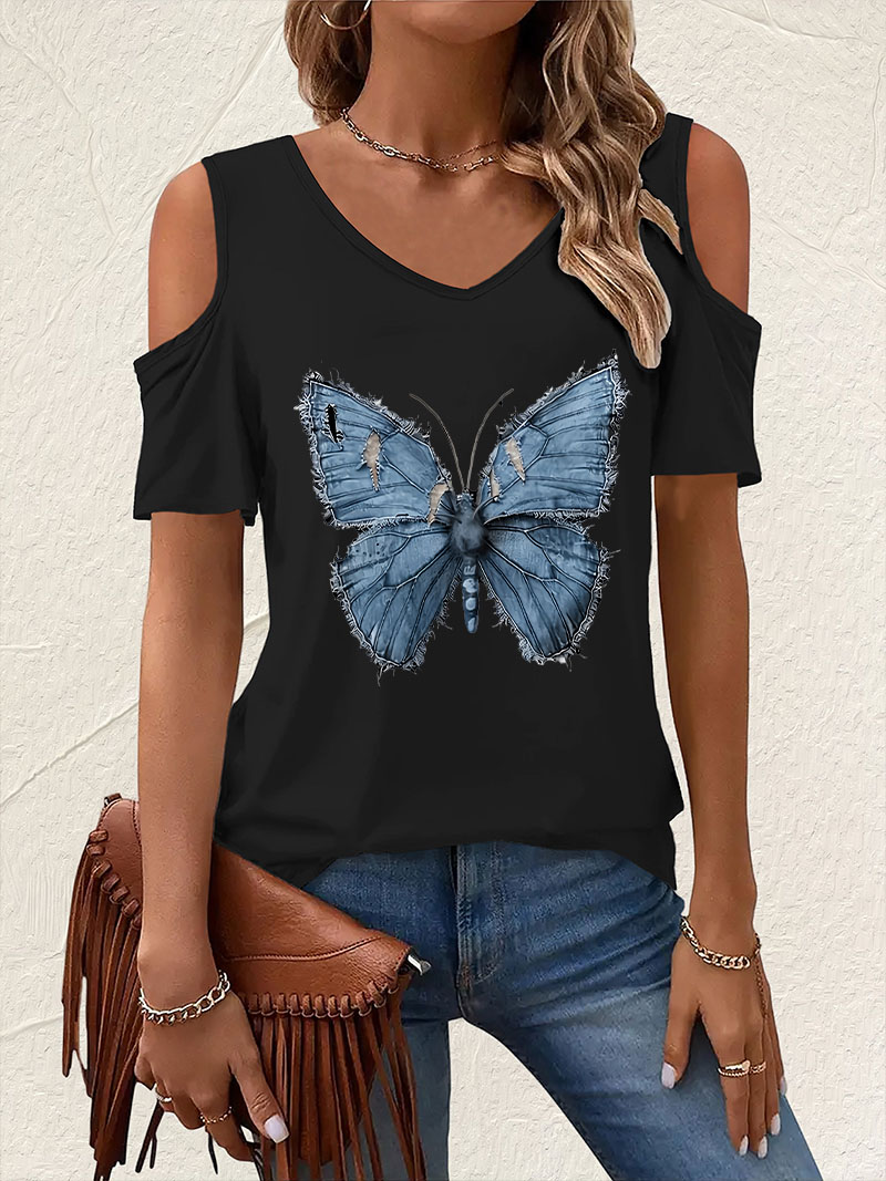 Summer Clothing Drop - ヴィンテージVネックバタフライプリントTシャツ 半袖グラフィックVネックTシャツ カジュアルトップス 夏物 レディース オフショルダー