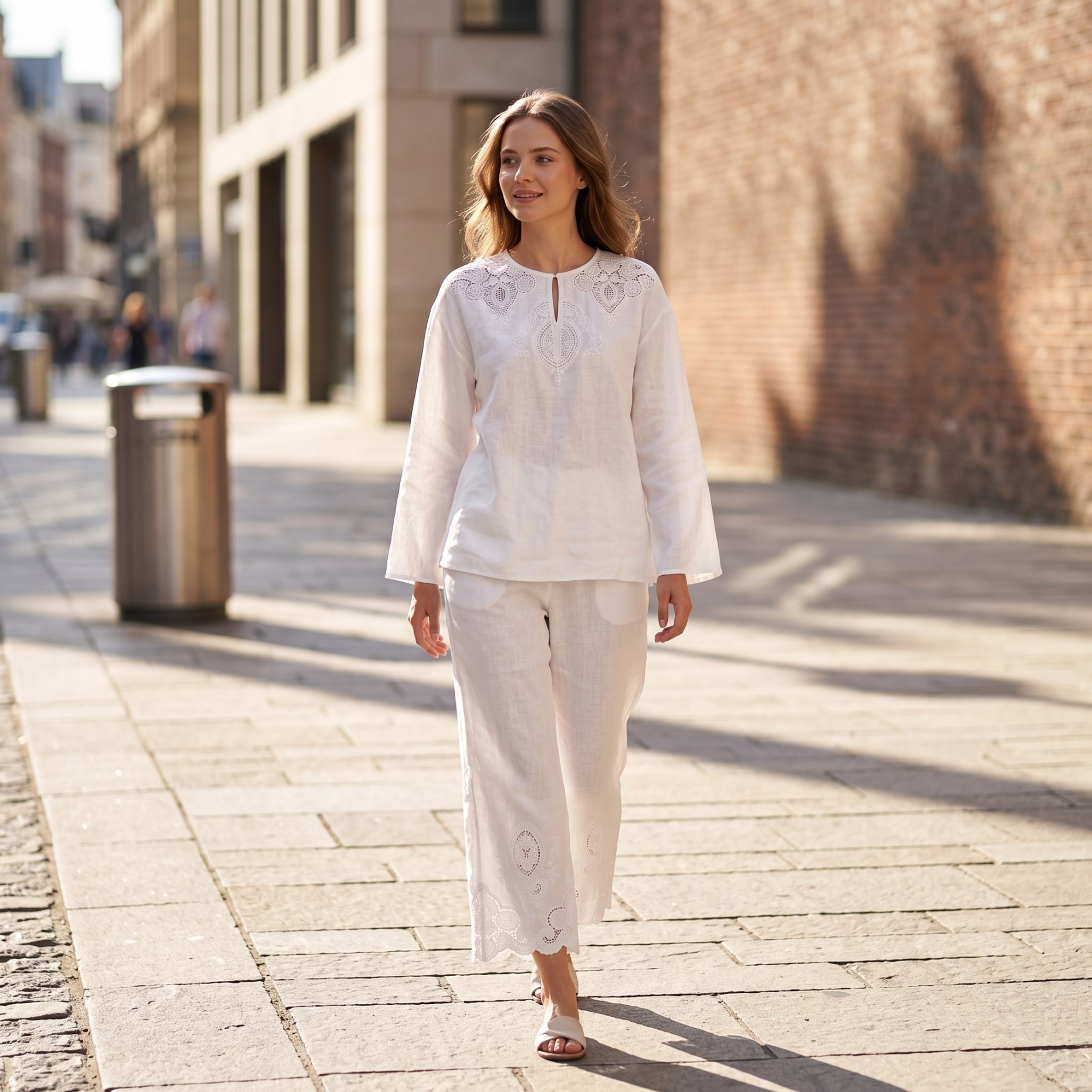 Crop Blouse Linen - 高級リネンブレンドツーピースセット女性用長袖ブラウス＆ワイドレッグクロップドパンツエレガントなマッチングアウトフィットBC22103