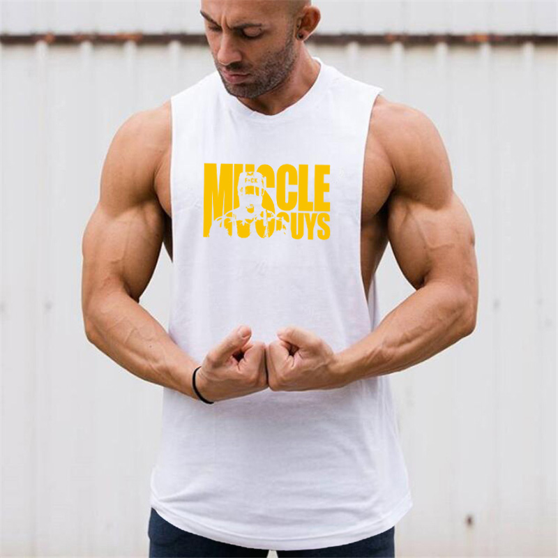 Summer Clothing Drop - Muscleguys ランニングベスト男性フィットネスタンクトップ夏ドロップアームホールジム服綿サイドカットオフノースリーブ Tシャツシングレット