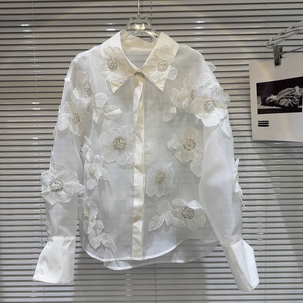 Crop Blouse Linen - 女性用メッシュ付きスパンコールブラウス、スパンコール、3D花、メッシュ、スプライスパール、ガーゼスパッチワーク、シフォンカーディガン、クロップトップ、ビーズシャツ、スプリングブラウス、2024