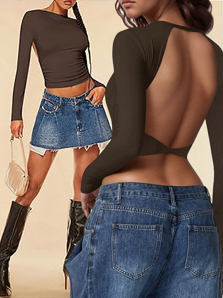 Summer Evenings Clothing - 安いレディースイブニングコルセットクルーネックオープンバック長袖ベーシッククロップトップスストレッチバックレス外出用Tシャツ女性服