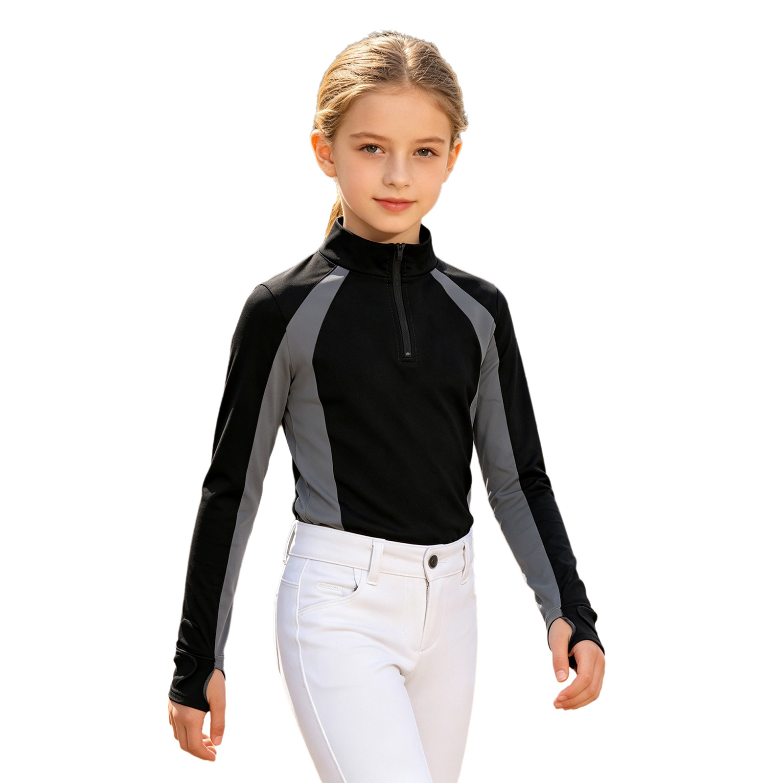 Summer Equestrian Clothing - キッズガールズ乗馬服長袖ハーフジップ速乾カラーブロックシャツトップス乗馬ゴルフスポーツウェア