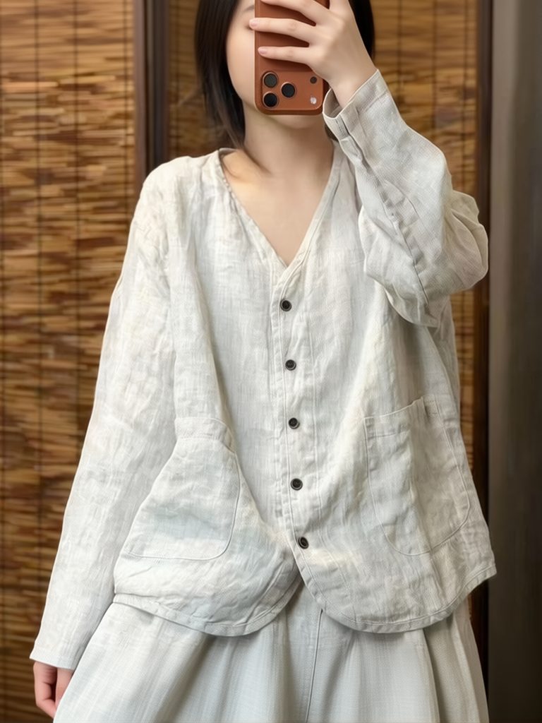 Crop Blouse Linen - エスセティックなエスニック風コットンリネンシャツ、女性用ルーズカジュアル長袖Vネッククロップドブラウス、ヴィンテージ中年向けトップスアウターウェア