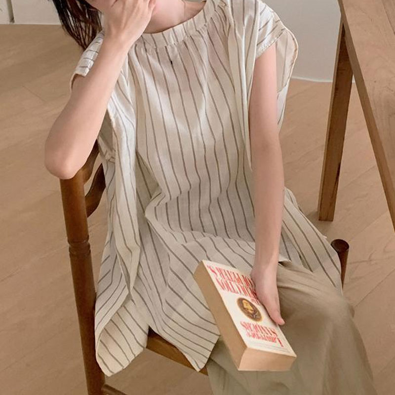 Summer Clothing Drop - カジュアルストライプブラウス婦人服ノースリーブルーズ夏通勤ファッショナブルスプライスベーシックOネックヴィンテージシャツ