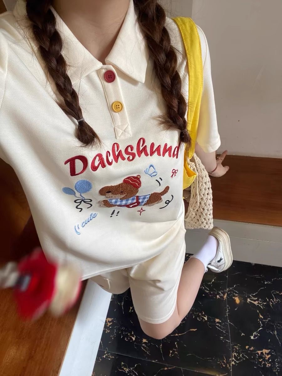 Summer Dog Clothing - かわいい刺繍犬日本スタイルポロシャツ 2 点セット女性の衣装 2025 夏 Y2K