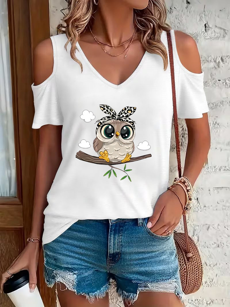 トレンディなカートゥーンフクロウプリントオフショルダーVネッ - Summer Clothing Drop のレビューと価格