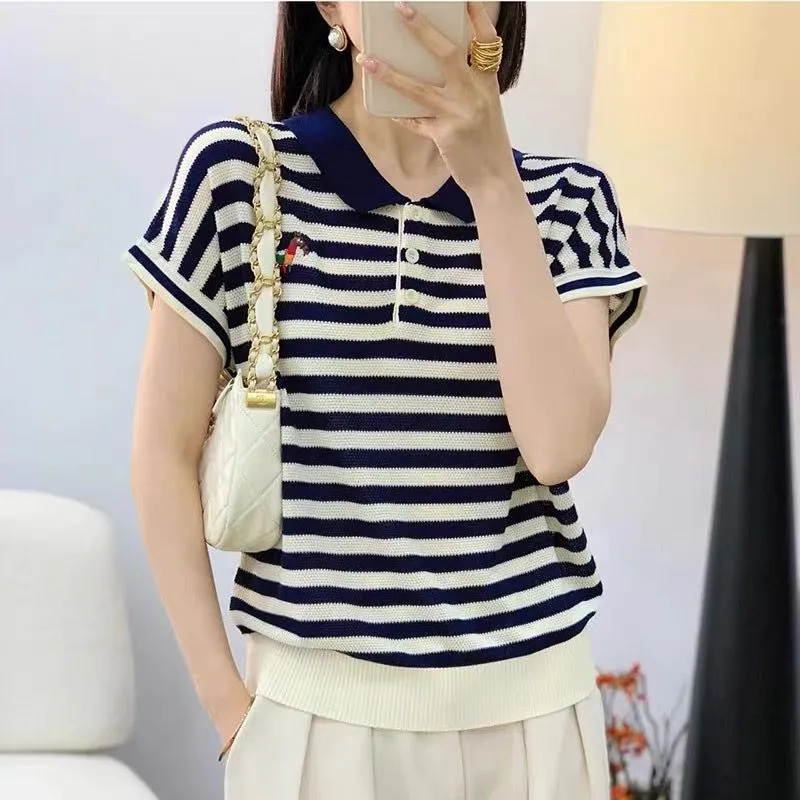 婦人服ファッションストライプニットターンダウンカラーTシャツ - Summer Clothing Drop のレビューと価格