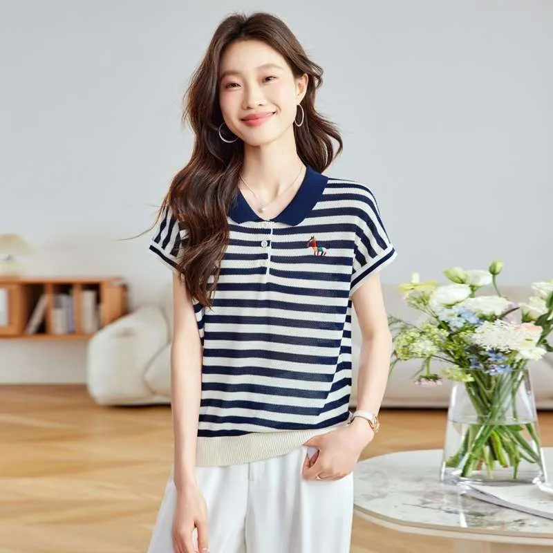 婦人服ファッションストライプニットターンダウンカラーTシャツ - Summer Clothing Drop のレビューと価格