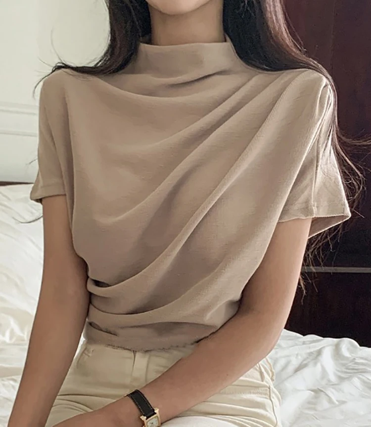 女性用ハーフタートルネックコットンTシャツ,ノースリーブTシ - Summer Clothing Drop のレビューと価格