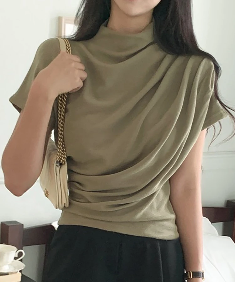 女性用ハーフタートルネックコットンTシャツ,ノースリーブTシ - Summer Clothing Drop のレビューと価格