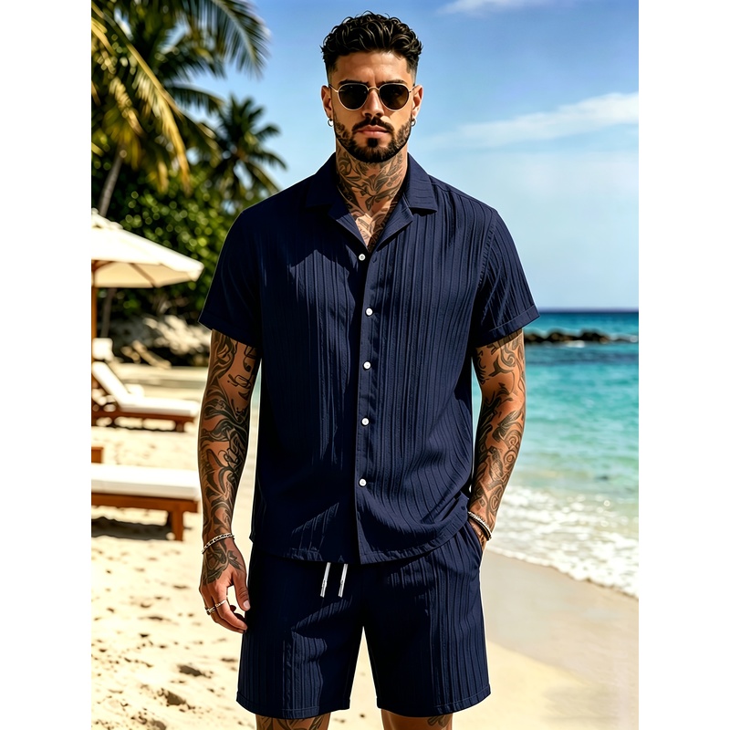 2メンズサマーカジュアルスーツセット、キューバカラーシャツ+ - Summer Clothing Beach のレビューと価格