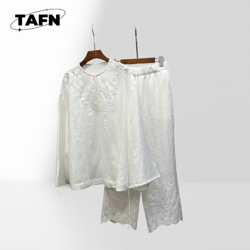 高級リネンブレンドツーピースセット女性用長袖ブラウス＆ワイド - Crop Blouse Linen のレビューと価格