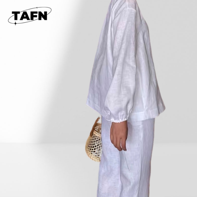 高級リネンブレンドツーピースセット女性用長袖ブラウス＆ワイド - Crop Blouse Linen のレビューと価格