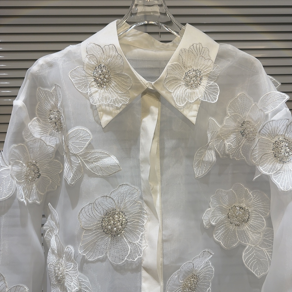 女性用メッシュ付きスパンコールブラウス、スパンコール、3D花 - Crop Blouse Linen のレビューと価格
