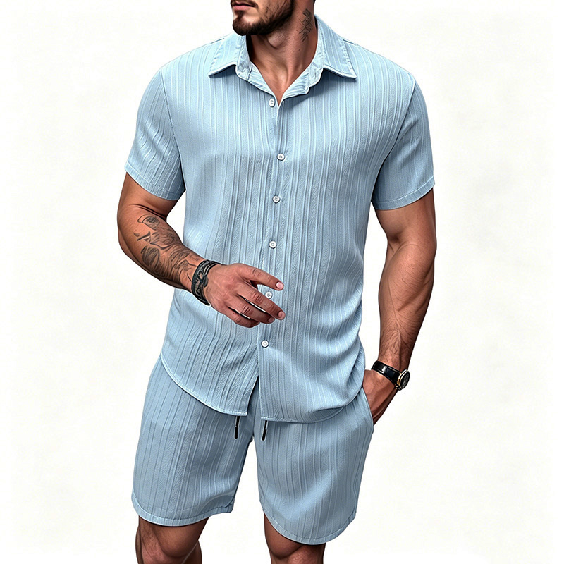 2026年新作 メンズ 縦型シワ加工ラペル半袖シャツ＆ショー - Summer Clothing Beach のレビューと価格