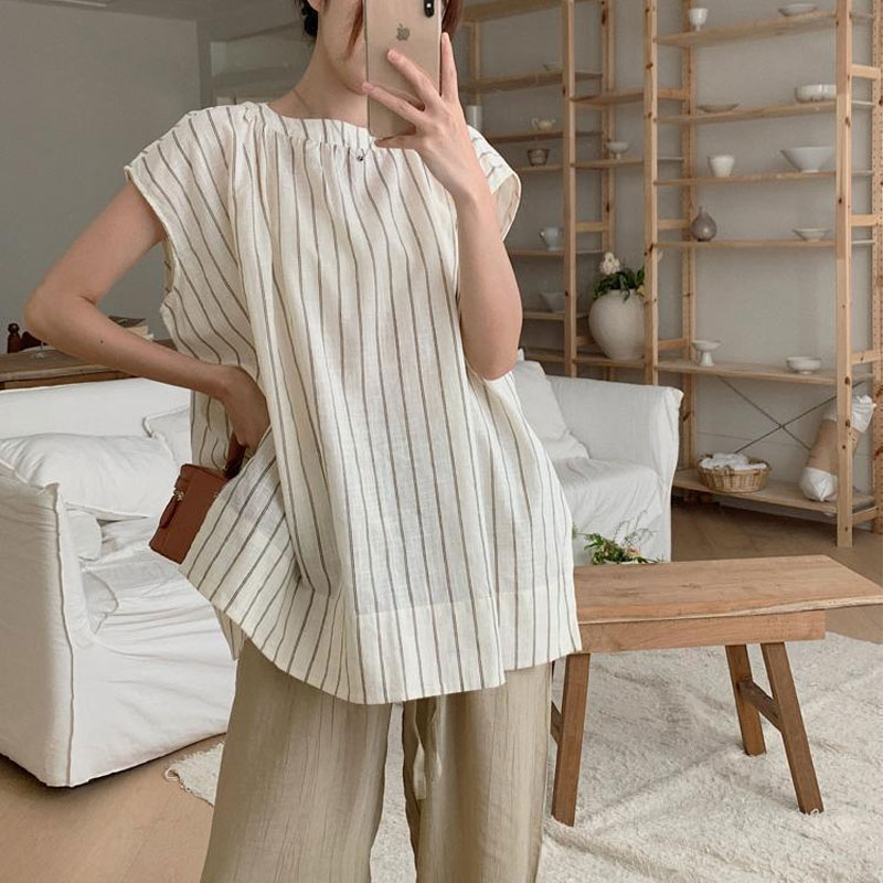 カジュアルストライプブラウス婦人服ノースリーブルーズ夏通勤フ - Summer Clothing Drop のレビューと価格