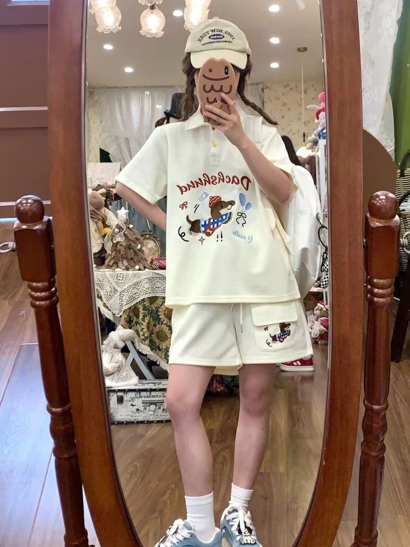 かわいい刺繍犬日本スタイルポロシャツ 2 点セット女性の衣装 - Summer Dog Clothing のレビューと価格