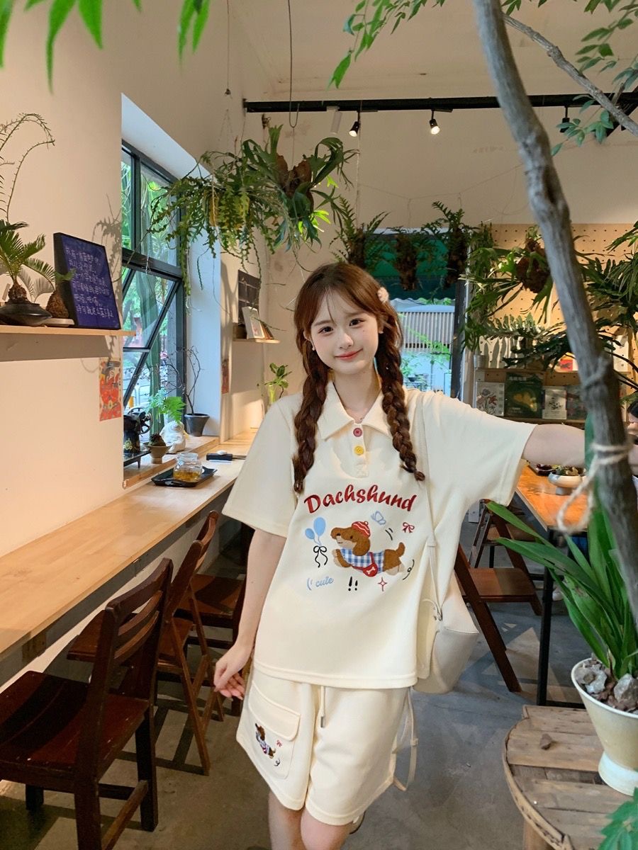 かわいい刺繍犬日本スタイルポロシャツ 2 点セット女性の衣装 - Summer Dog Clothing のレビューと価格