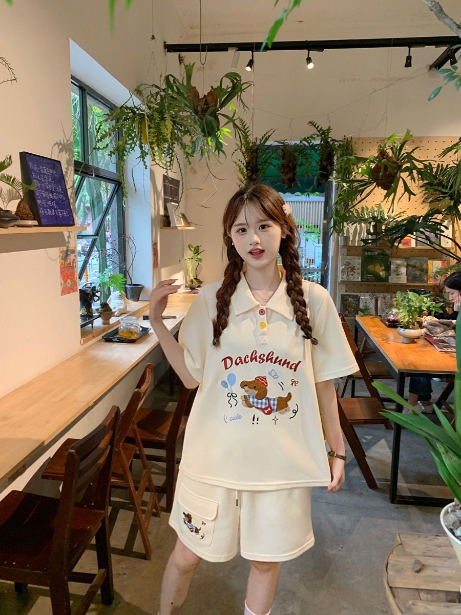 かわいい刺繍犬日本スタイルポロシャツ 2 点セット女性の衣装 - Summer Dog Clothing のレビューと価格