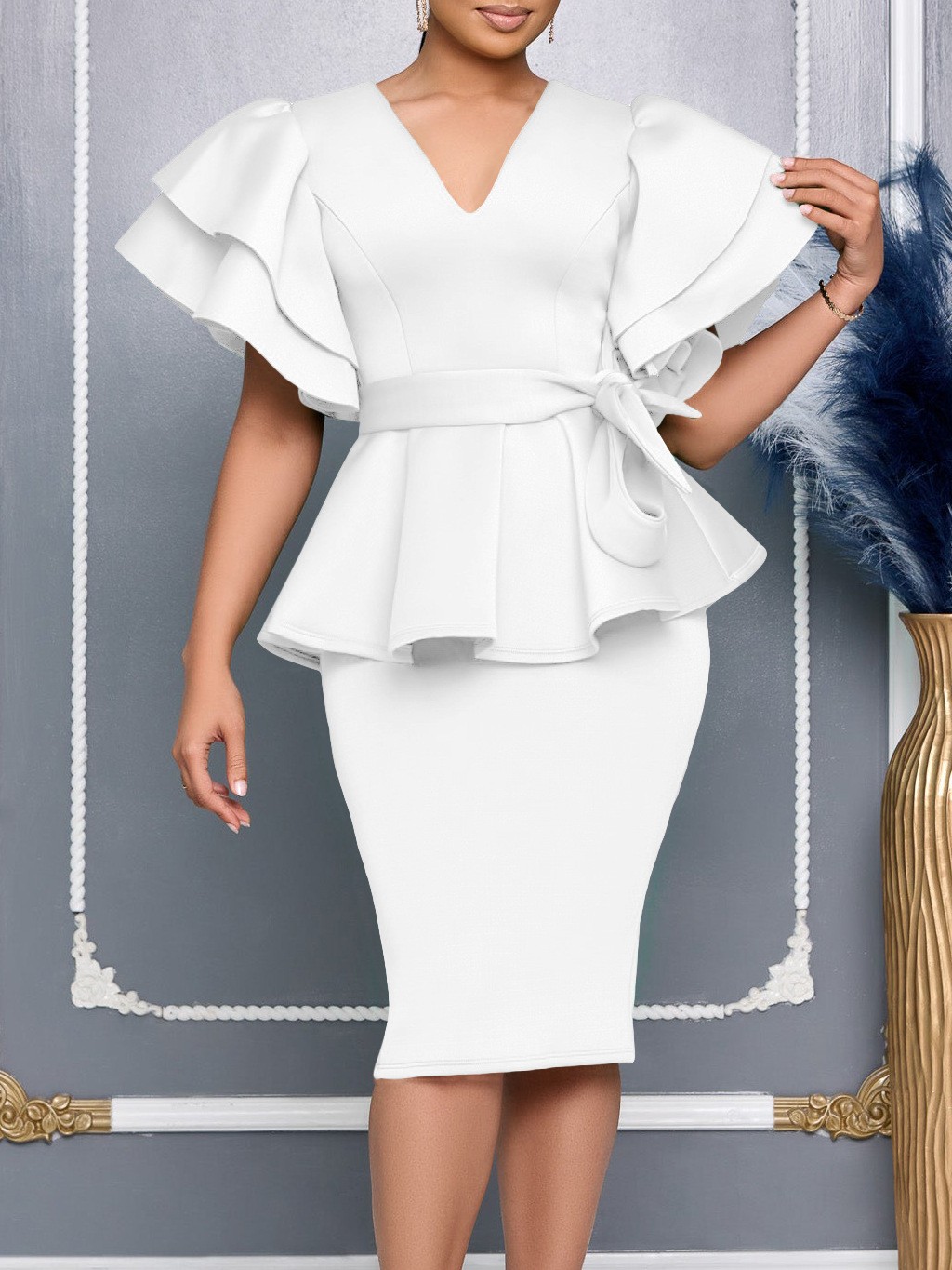 夏の女性用エレガントなVネックラッフル半袖高級パーティードレ - Summer Evenings Clothing のレビューと価格